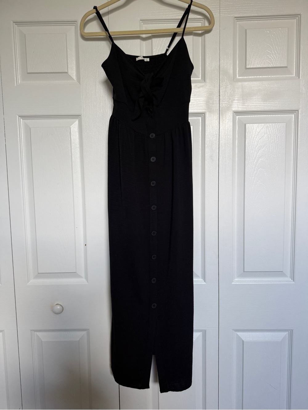 Timing Black Maxi Dress with Front Tie and Button-Down Skirt